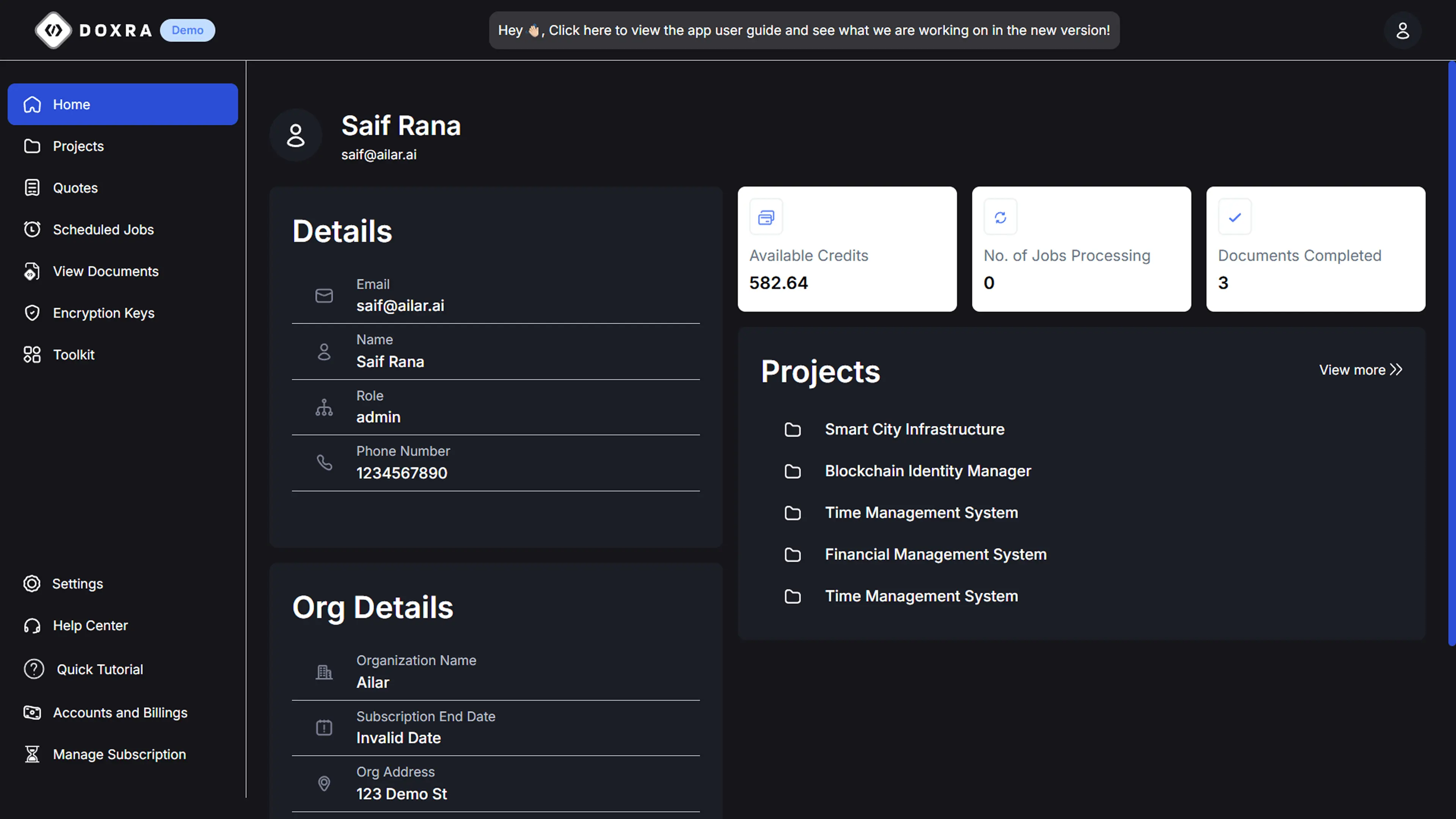 Doxra Dashboard view
